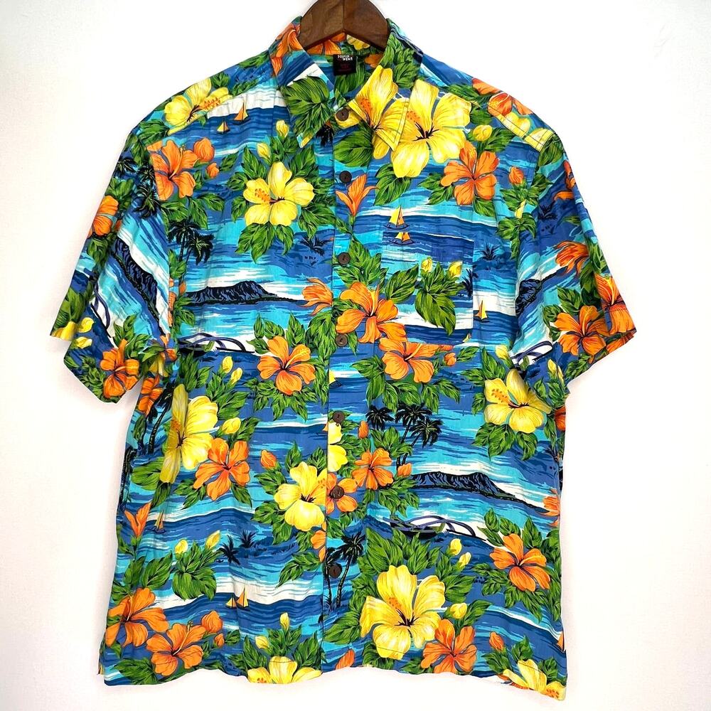 Squish Wear Hawaiian Shirt Mens XL Tropical Floral Cotton Short Sleeve Button Up